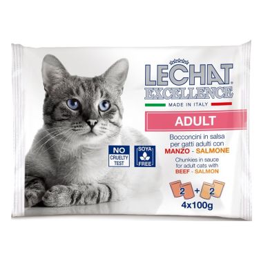 Lechat Excellence Adult Cat Flowpack Σε Σάλτσα 4χ100gr 2τμχ Βοδινό & 2τμχ Σολωμό